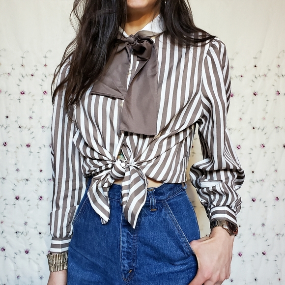 Vintage Tops - Vintage 60s / 70s Ivory & Taupe Striped Blouse